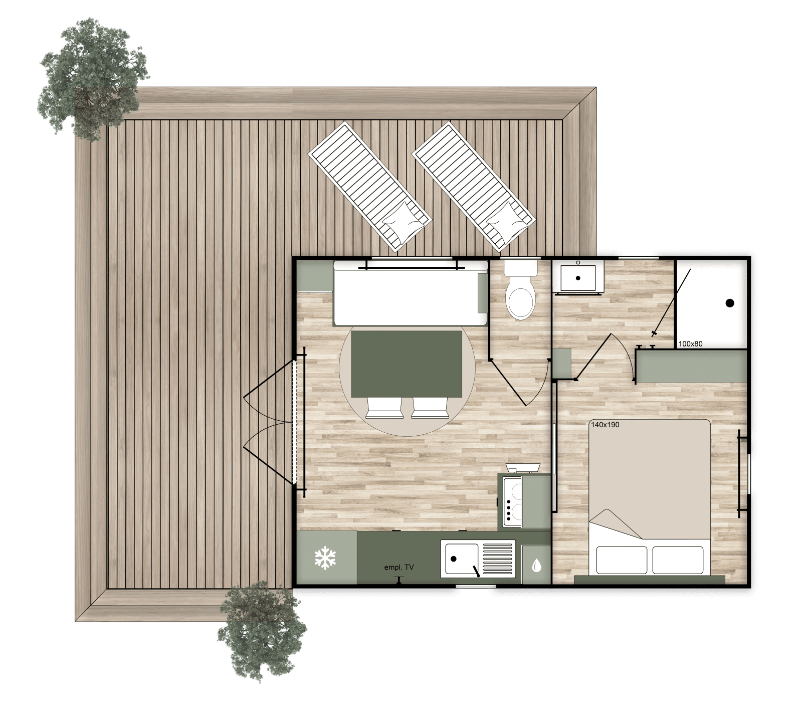 MOBIL HOME Premium Climatisé – TV – Lave vaisselle – 1 ch – 20m²/ Santoline